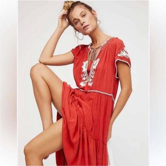 Free People Dresses & Skirts - Free People Red Embroidered Maxi Dress